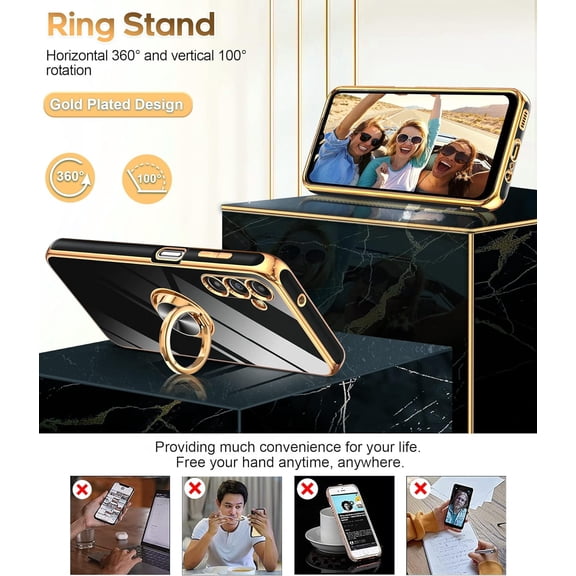 HSAPOW-for Samsung Galaxy A14-5G Phone Case: 2 Pack Tempered Glass Screen Protector and 360 Rotatable Ring Magnetic Kickstand, Plating Rose Gold Edge Cell Android Basic Funda para A 14 5G Cover, Bla