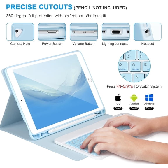 HSAPOW-for iPad 6/5th Generation Case with Keyboard 2018/2017,Detachable Bluetooth Keyboard case for iPad Air 2/1,iPad Keyboard Case 9.7 inch with Pencil Holder,Square Keycaps,Blue