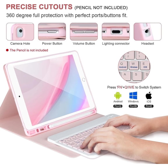 HSAPOW-for iPad 6/5th Generation Case with Keyboard 2018/2017,Detachable Bluetooth Keyboard case for iPad Air 2/1,iPad Keyboard Case 9.7 inch with Pencil Holder,Square Keycaps,Pink