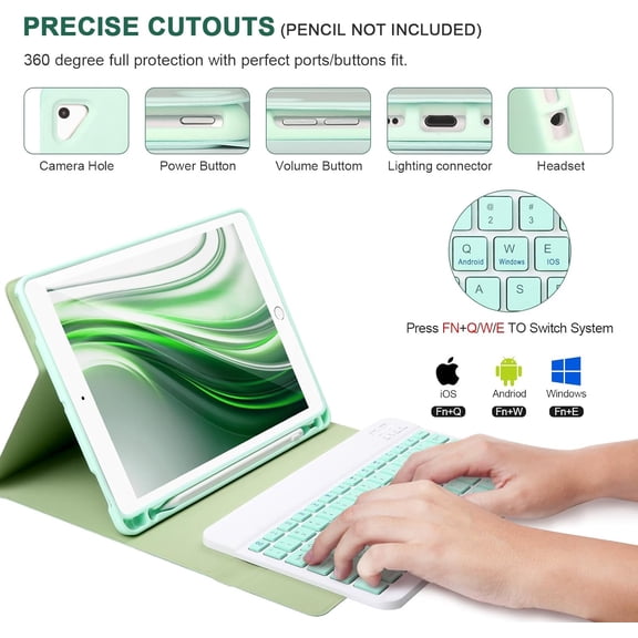 HSAPOW-for iPad 6/5th Generation Case with Keyboard 2018/2017,Detachable Bluetooth Keyboard case for iPad Air 2/1,iPad Keyboard Case 9.7 inch with Pencil Holder,Square Keycaps,Green