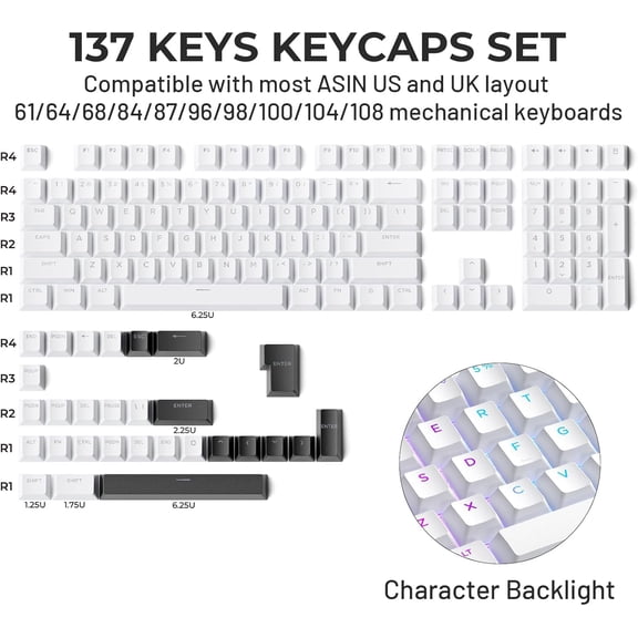 HSAPOW-x XVX Doubleshot PBT Keycaps for Mechanical Keyboards - Shine Through Keycaps, Full 131 Key Set, OEM Profile, Backlit - White