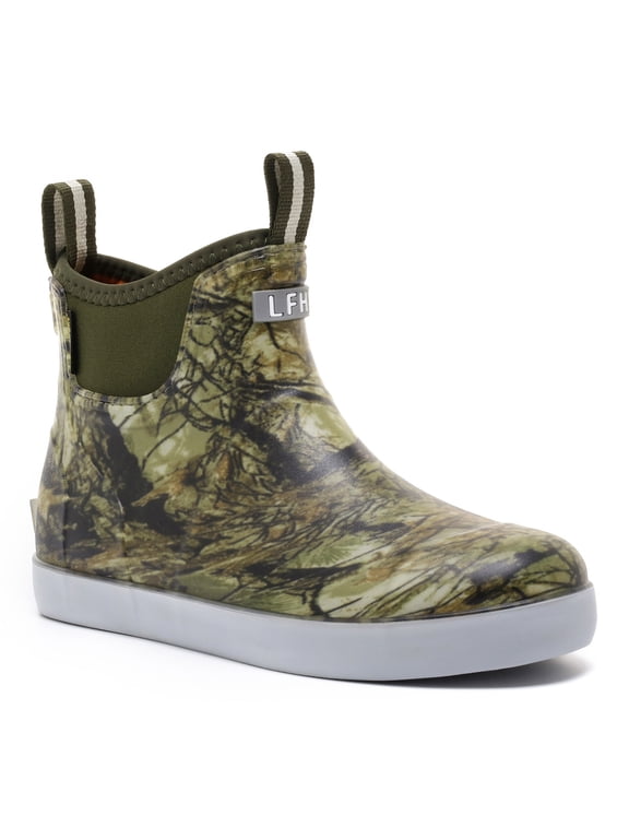 Men's Deck Boots, Waterproof Ankle Rain Boots, Anti-Slip Rubber Fishing Shoes for Boating, Camping & Outdoor Work, Olive Green Print, Size 11