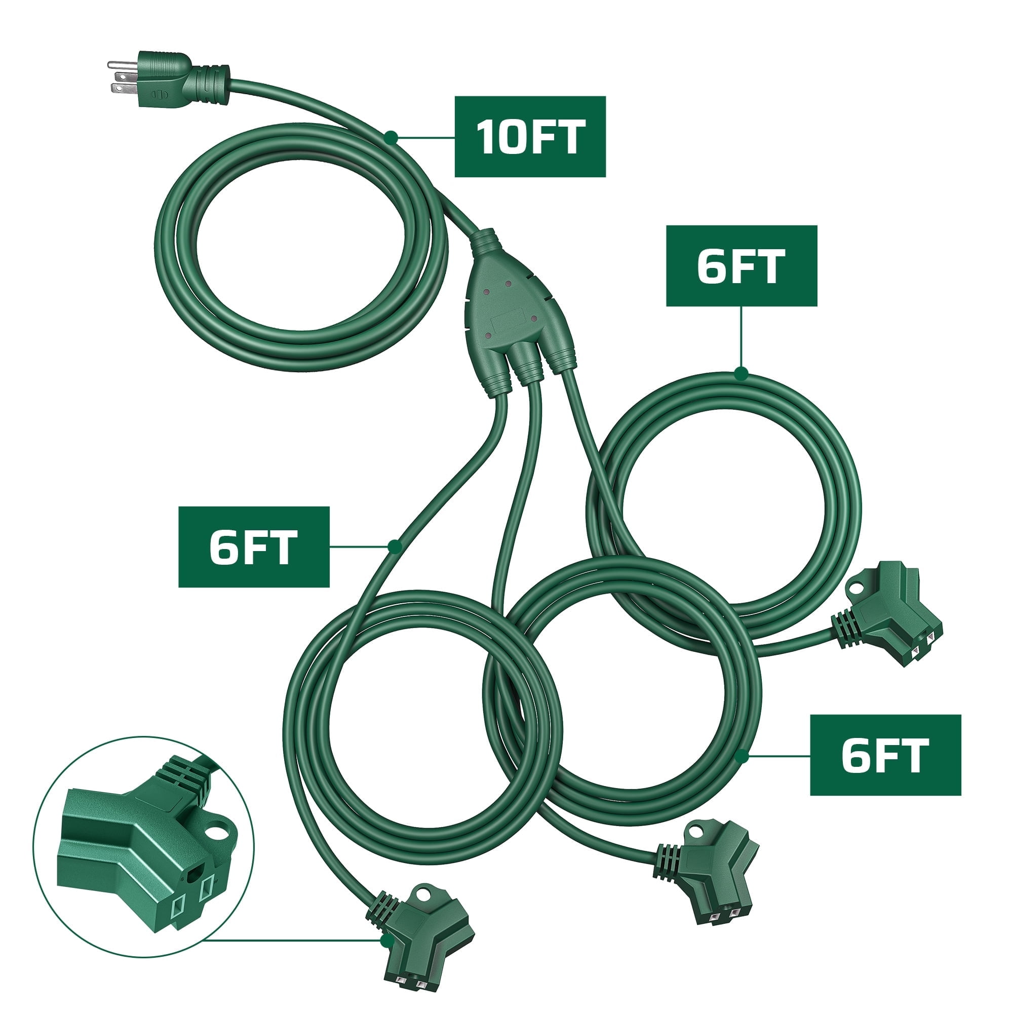 DEWENWILS 28 FT (10+6+6+6) Outdoor Extension Cord for Outside with Multiple Outlets, Extension Cord Outdoor for Halloween Christmas Lights, 16 AWG SJTW