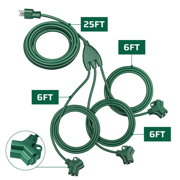 DEWENWILS 43 FT (25 6 6 6) Outdoor Extension Cord for Outside with 6 Outlets, Extension Cord Outdoor for Halloween Christmas Landscape Lighting, 16 AWG SJTW