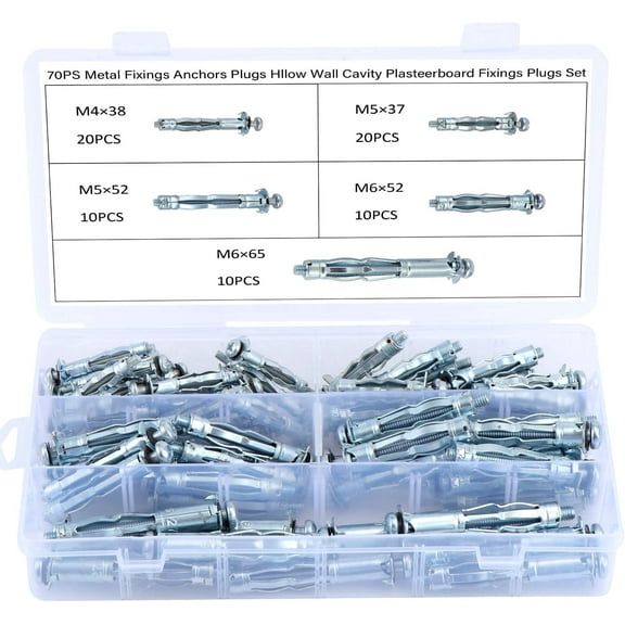 HSEAMALL 70 Sets Wall Anchors Plugs,Heavy Duty Metal Anchors,Plasterboard Cavity Hollow Wall Fixing M4*38mm, M5*37mm, M5*52mm, M6*52mm, M6*65mm