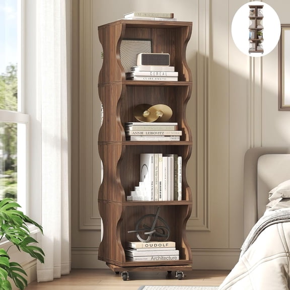 HSH 4 Tier Rotating Bookshelf Tower, Corner Spinning Bookshelf with Storage, Swivel Bookcase, 360° Display Revolving Bookcase for Small Space Living Room Bedroom Office, Curved Appearance, Walnut