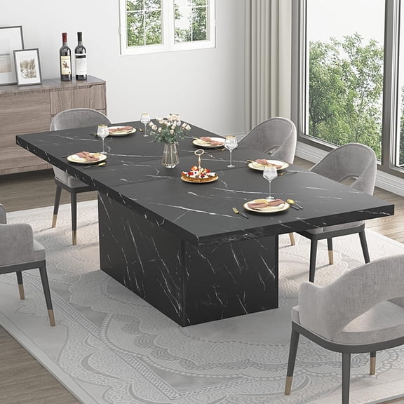 HSH 71” Black Dining Table for 6-8, Rectangle Modern Faux Marble Dinner Table, Large Dining Room Table for Kitchen Living Room,  Wood Kitchen Table only with Sturdy Base, Black, 71 Inch