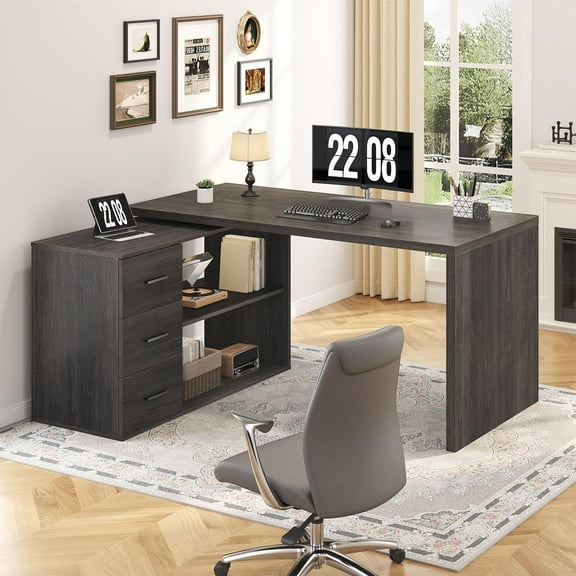 HSH Black L Shaped Desk with Drawers Shelves, 360 Rotating Home Office Desk L Shape with Storage Cabinet, Corner Wood Computer Table for PC Executive Work Study Writing in Bedroom Living Room, 55 in