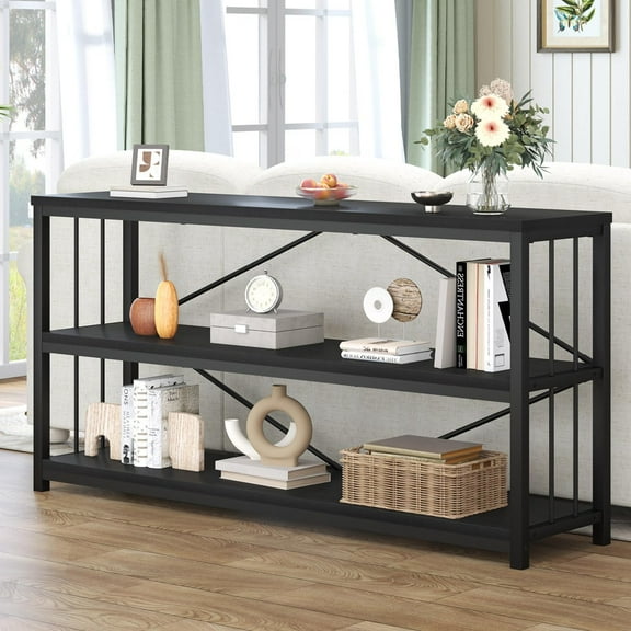 HSH Black Long Bookshelf,Large Wood Wide Horizontal Bookcase Under Window, Modern Long Open Book Shelf for Bedroom Living Room, Industrial Wooden Metal Bookshelves for Home Office, Black Oak, 63 Inch