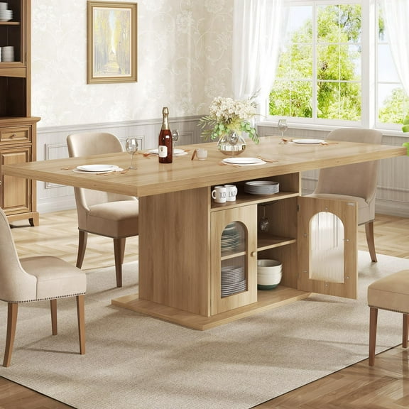 HSH Dining Table for 46, 63 Inch Wood Farmhouse Kitchen Table with 3-Tier Storage Shelf and Acrylic Door Cabinet, Rectangular Modern Dining Room Dinner Table for Apartment Home Small Space, Light Oa