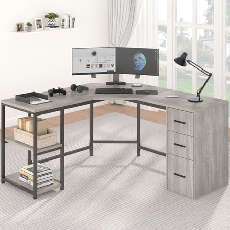 HSH Gray L Shaped Corner Desk with Storage, 60" Corner L-Shaped Computer Desk with File Cabinet Shelves, Reversible Wood Metal L Shape Home Office Work Study Writing Desk for Dual Monitor, Light Grey