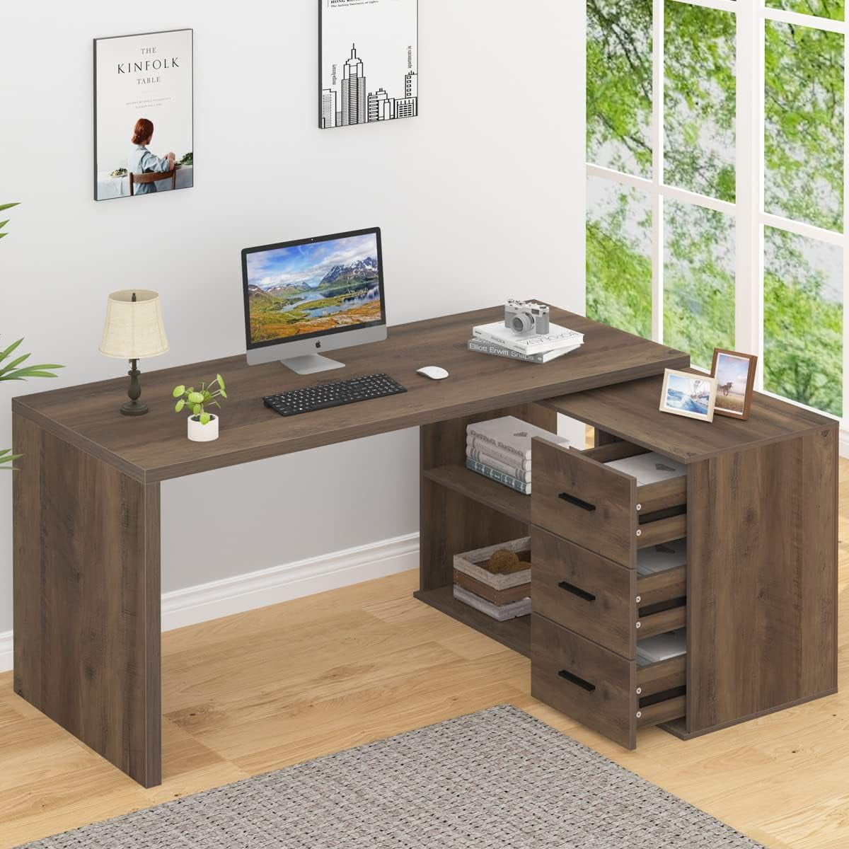 HSH L Shaped Desk with Storage Cabinet Wood L Shape Desk with Drawers
