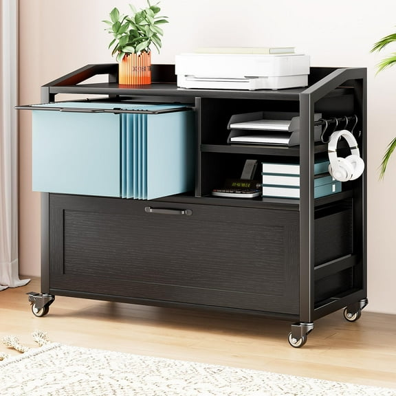 HSH Rolling Lateral File Cabinet with Storage Drawer, Black Mobile Filing Cabinet for Legal/Letter Size, Wood Metal Printer Stand with Shelves, Wheels & Hanging File Folder for Home Office Desk