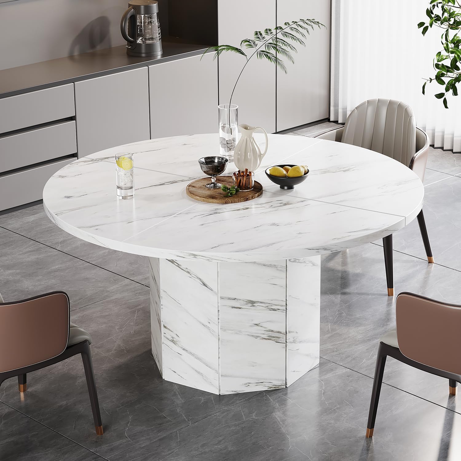 HSH Round Dining Table for 4-6, 47” White Faux Marble Dinner Table only, Modern Circle Kitchen ...
