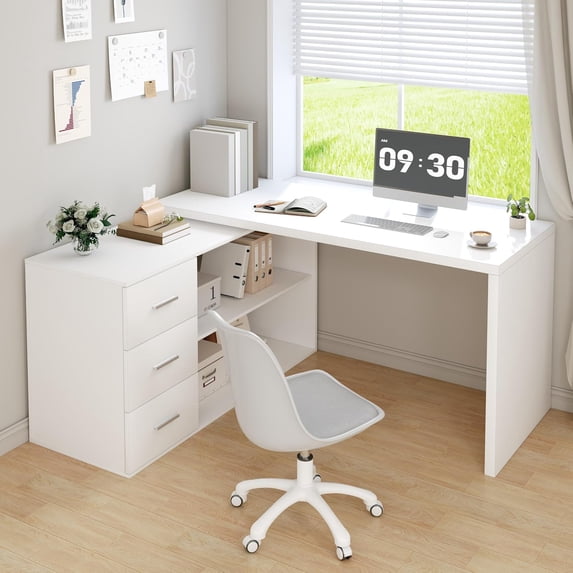 HSH White L Shaped Computer Corner Desk with 3 Storage Drawers 55 inch ...