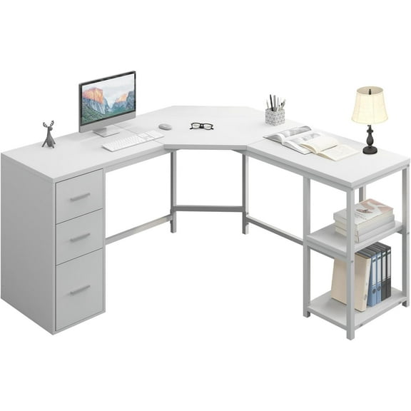 HSH White L Shaped Desk with Drawers, Reversible Modern L Shaped Corner Computer Desk with Storage Cabinet Shelves, Large Wooden L-Shape Home Office Desk Table for Work Study Writing Gaming, 60 Inch