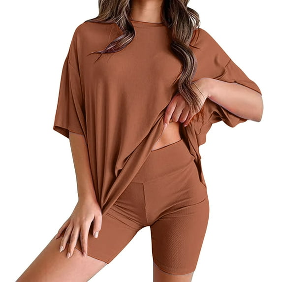 HSHMT Shorts Set for Women Short Sleeve Casual 2025 Summer Oversized Shirts Biker Shorts Matching Travel 2 Piece Outfits(1pc top + 1pc shorts)