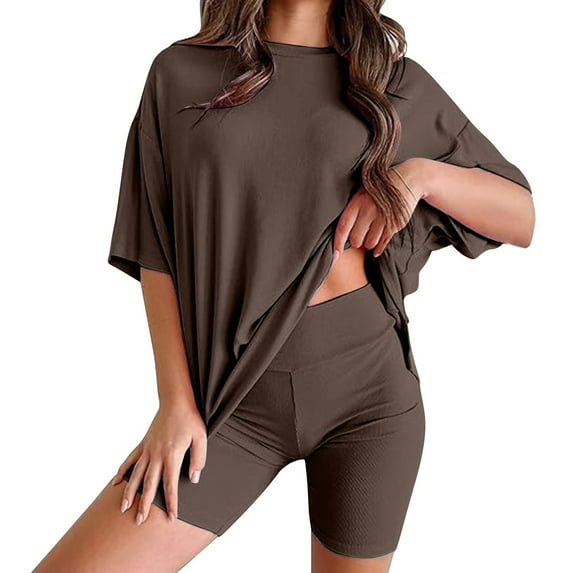 HSHMT Shorts Set for Women Short Sleeve Casual 2025 Summer Oversized Shirts Biker Shorts Matching Travel 2 Piece Outfits(1pc top + 1pc shorts)