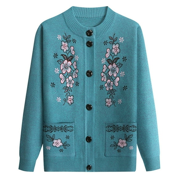 HSHMT Clearance Women's Fashion Shirt Women's Button Down Cardigan Sweaters Middle Elderly Long Sleeve Knitted Jackets With Pockets