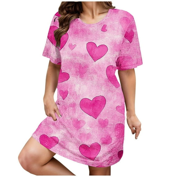 HSHMT House Dresses for Women Plus Size Casual Sleep Dress Women's Plus Heart Print Short Sleeve Round Neck Medium Stretch Loose Nightdress Valentine's Day Nightdress