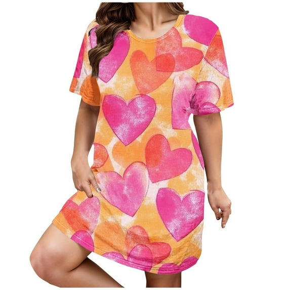 HSHMT House Dresses for Women Plus Size Casual Sleep Dress Women's Plus Heart Print Short Sleeve Round Neck Medium Stretch Loose Nightdress Valentine's Day Nightdress