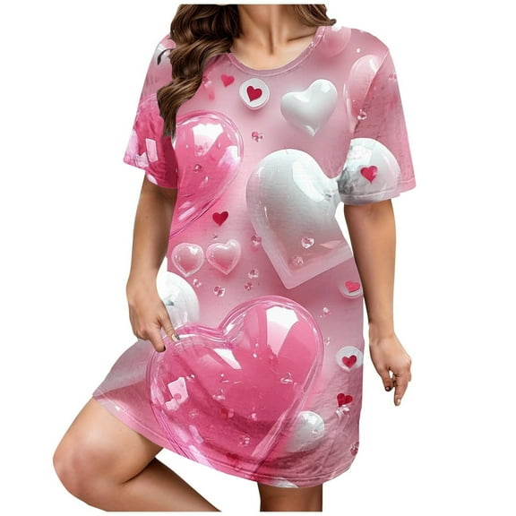 HSHMT House Dresses for Women Plus Size Casual Sleep Dress Women's Plus Heart Print Short Sleeve Round Neck Medium Stretch Loose Nightdress Valentine's Day Nightdress