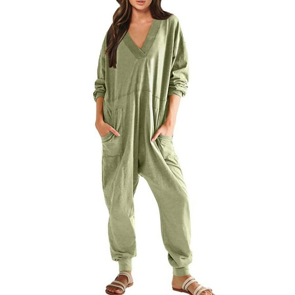 HSHMT One Piece Jumpsuits For Women Women's Casual Loose Jumpsuits Long Sleeve V Neck Oversized Rompers Baggy Overalls Pajamas