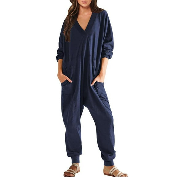 HSHMT One Piece Jumpsuits For Women Women's Casual Loose Jumpsuits Long Sleeve V Neck Oversized Rompers Baggy Overalls Pajamas