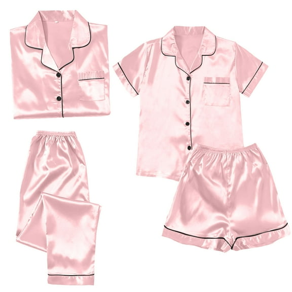 HSHMT Pajamas Set for Women Satin Pyjamas Women's Short 4 Piece Pyjamas Short Sleeve Sleepwear And Shorts Set Women Sets Leisure Suit Loungewear