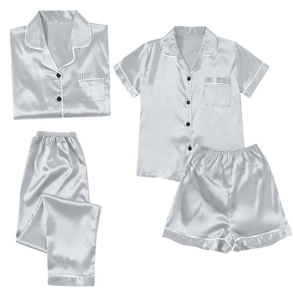 HSHMT Pajamas Set for Women Satin Pyjamas Women's Short 4 Piece Pyjamas Short Sleeve Sleepwear And Shorts Set Women Sets Leisure Suit Loungewear
