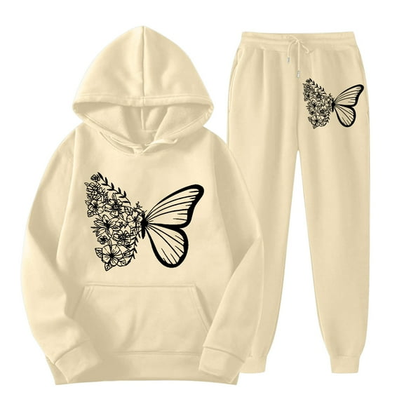 HSHMT Suits for Women 2 Piece Women's 2 Piece Outfits Butterfly Print Hoodies Pullover Sweatshirt Sweatsuits Joggers Pants With Pockets