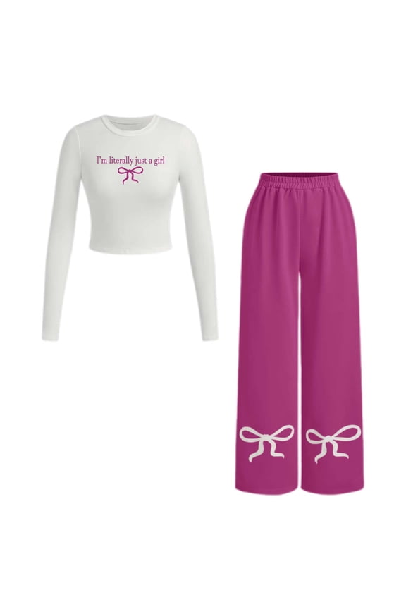 Tracksuit Sweatsuits 2 piece I'm Just A Girl Bow Trim Print Sweatsuit Sets T Shirt Trousers Two Piece For Women