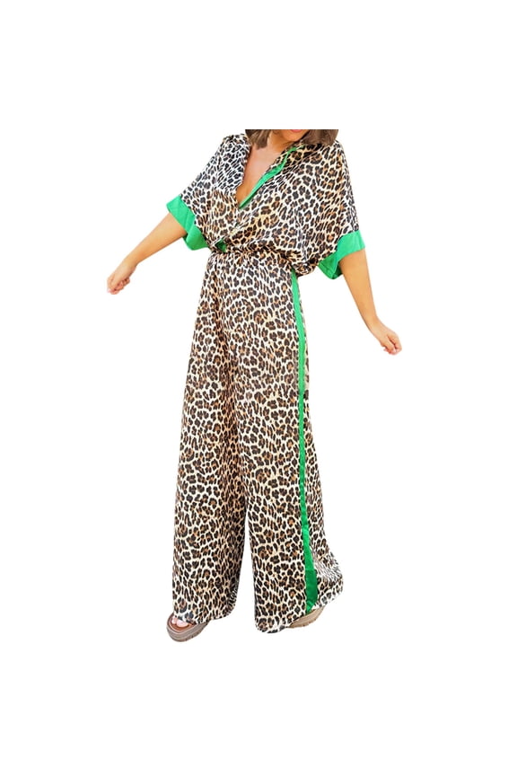 Tracksuit Sweatsuits 2 piece Women's Leopard Print Color Block Short Sleeved Loose Shirt And Elastic Waist Pocket Pants Set