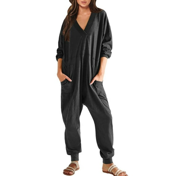 HSHMT Women's Casual Jumpsuits Women's Casual Loose Jumpsuits Long Sleeve V Neck Oversized Rompers Baggy Overalls Pajamas