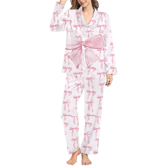 HSHMT Women's Satin Pajama Set Women's Winter Spring Home Leisure Valentine's Day Bow Love Loose Imitation Color Ding Pajama Sleepy Pants Set