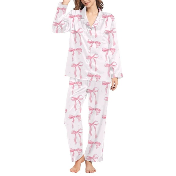 HSHMT Women's Satin Pajama Set Women's Winter Spring Home Leisure Valentine's Day Bow Love Loose Imitation Color Ding Pajama Sleepy Pants Set