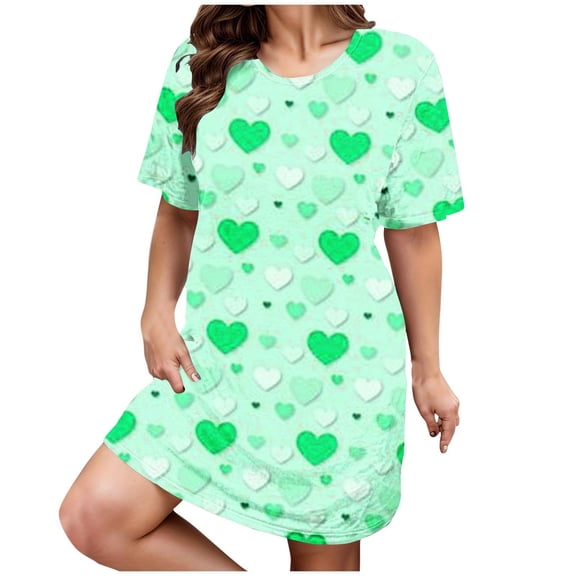 HSHMT Women's Sleepwear Plus Size Casual Sleep Dress Women's Plus Heart Print Short Sleeve Round Neck Medium Stretch Loose Nightdress Valentine's Day Nightdress