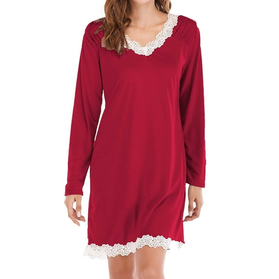 HSHMT Women's Sleepwear Womens Long Sleeve Nightgowns V Neck Sleepshirts Lace Nightshirts Casual T Shirt Sleep Dress With