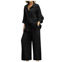 HSHMT Womens 2 Piece Outfits Sweatsuits Sets Linen 2 Piece Sets For Women Summer 2024 Loose Long Sleeve Shirts Wide Leg Pant Matching Set Plus Size Vacation Outfits
