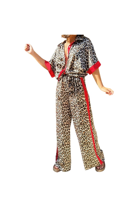 Womens 2 Piece Outfits Sweatsuits Sets Women's Leopard Print Color Block Short Sleeved Loose Shirt And Elastic Waist Pocket Pants Set