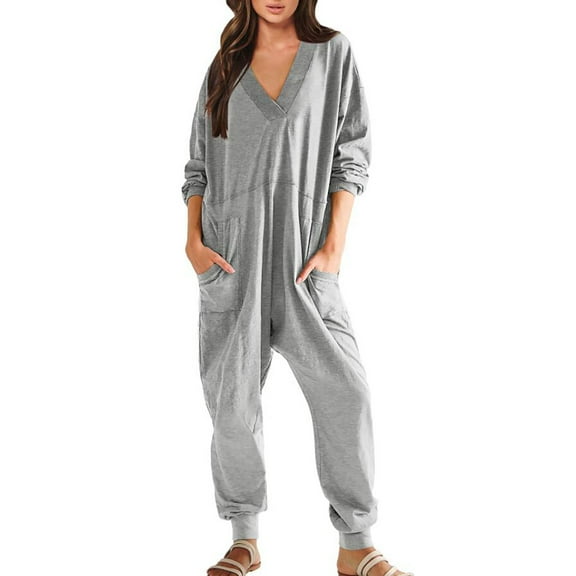 HSHMT Womens Jumpsuits Women's Casual Loose Jumpsuits Long Sleeve V Neck Oversized Rompers Baggy Overalls Pajamas