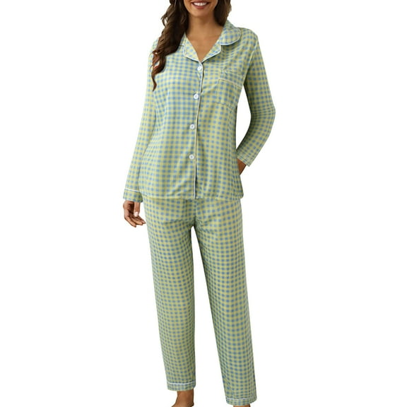 HSHMT Womens Pajamas Set Women Casual Lapel Button Peach Plaid Print Two Piece Long Sleeve Pajamas Pajamas Suit
