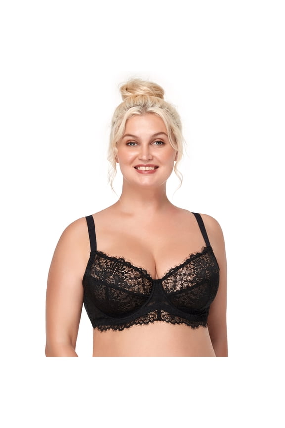 Minimizer Bra for Women - Plus Size Underwire Lace Unlined Non Padded Bra,Black,40DD