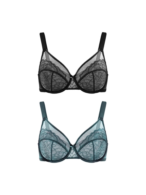 Plus Size Bras for Women Full Coverage Back Fat Underwire Minimizer Bras 2 Pack(Black+Balsam Blue)