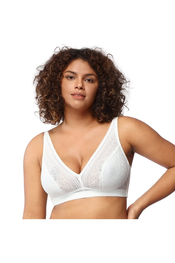 Wirefree Full Coverage Non Padded Plus Size Deep V Lace Comfortable Bra White L