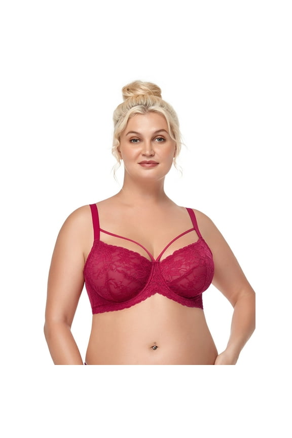 Womens Plus Size Bras Full Coverage Mesh Unlined Minimizer Bras Rose Red 38D