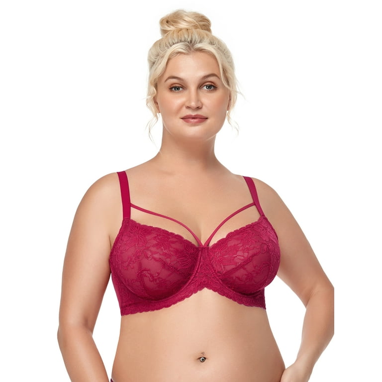 HSIA Womens Plus Size Sexy Bras Full Coverage Mesh Unlined Minimizer Bras  Rose Red 36D
