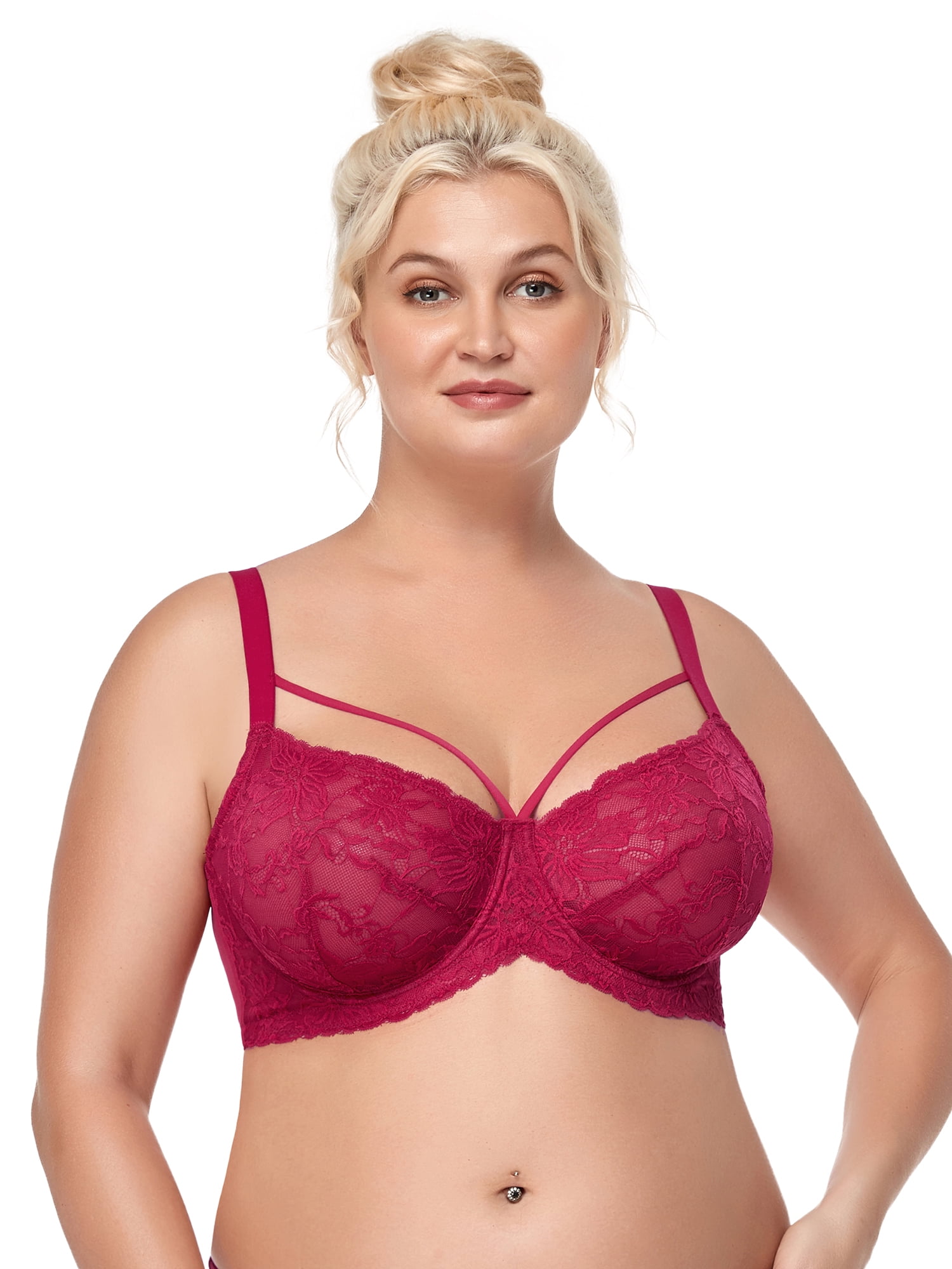 HSIA Womens Plus Size Sexy Bras Full Coverage Mesh Unlined Minimizer Bras  Rose Red 40H
