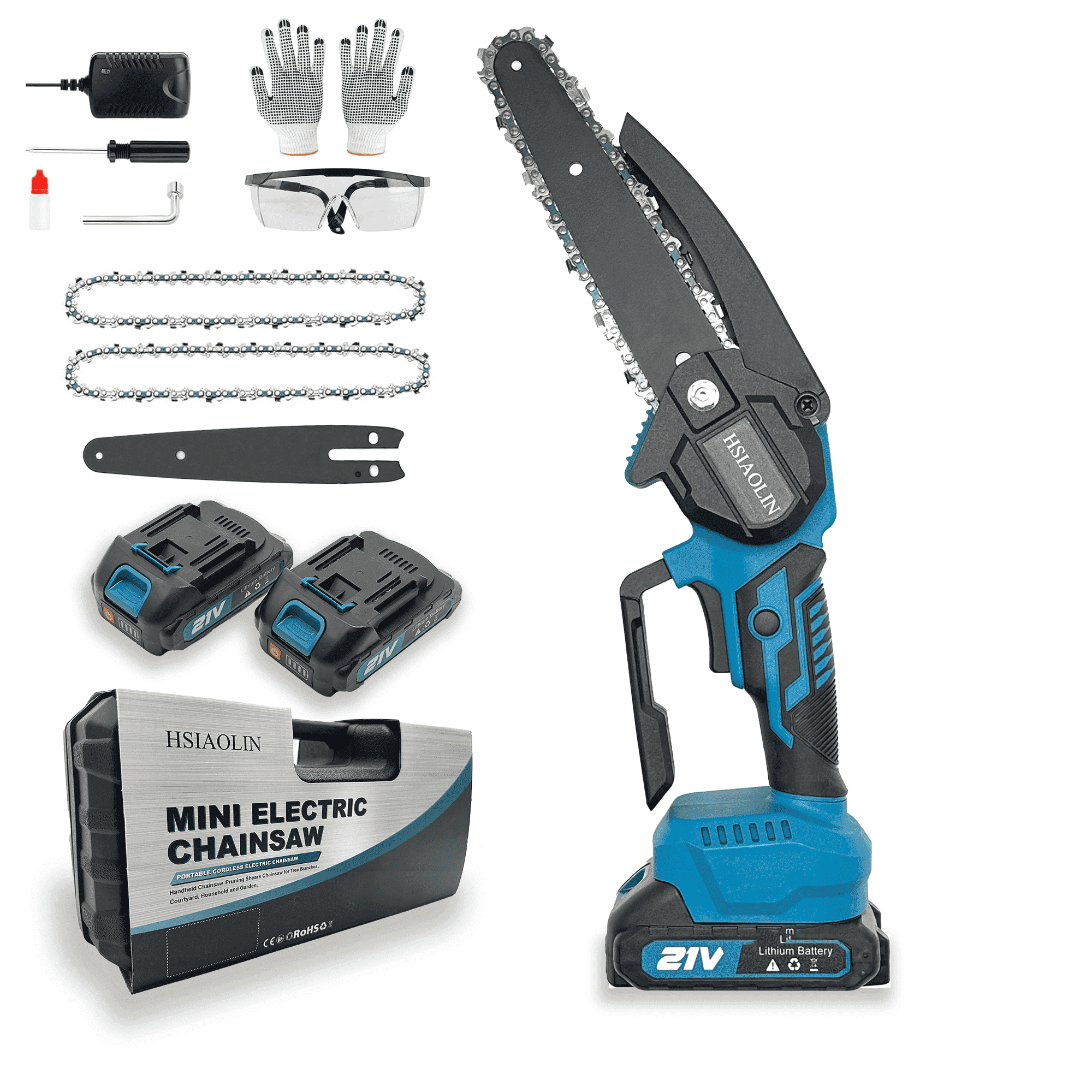 Mini Chainsaw, HSIAOLIN 6 Inch Cordless Portable Electric Chain Saw, Automatic Chain Oiler, One-Hand Handheld Lightweight, 2 Batteries& 2 Chains, Adjustable chain, Safety Lock, Blue