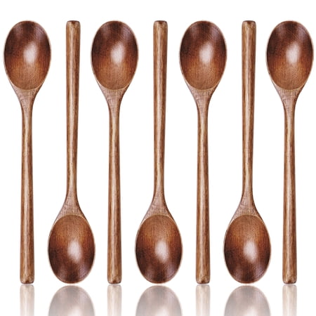 HSM 7 PCS Wooden Spoons for Cooking, 9.3 Inch Wooden Spoons for Eating Mixing Stirring Tasting Baking, Long Handle Spoons FOR Serving, Cooking Utensils Set for Sauce Soup Honey Tea Soda Dessert